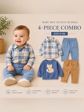 Baby boy Outfit Bundle 6-9M Cloud Island Blue  Plaid Shirt Fox Sweatshirt Sets